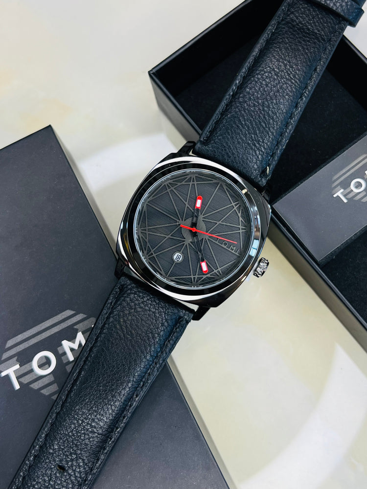 TOMI T-112 Men's Watch Date Quartz Square Dial Leather Straps