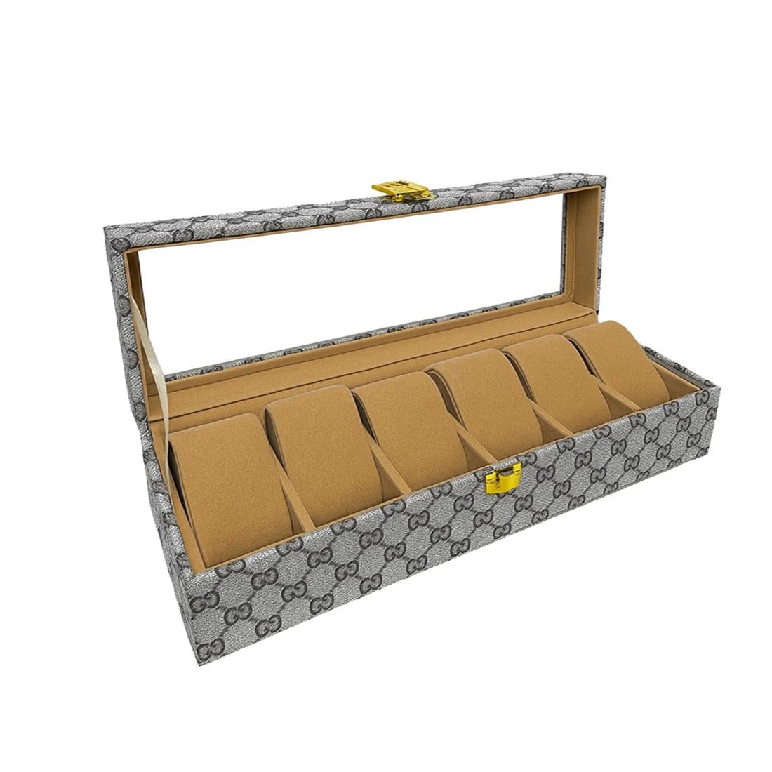 Luxury 6 Slot Watch Organizer Box PU Leather Case with Glass Top