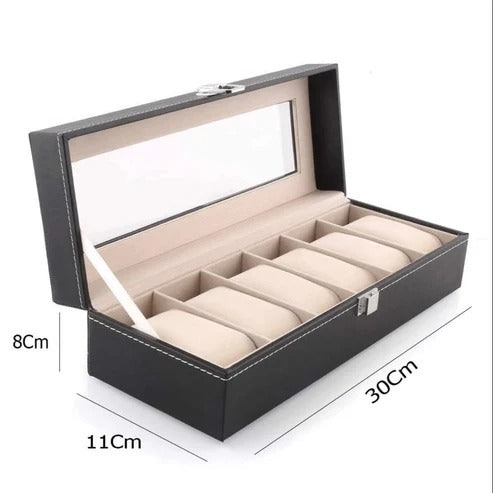 Premium 6-Slot Black Leather Watch Organizer with Transparent Lid