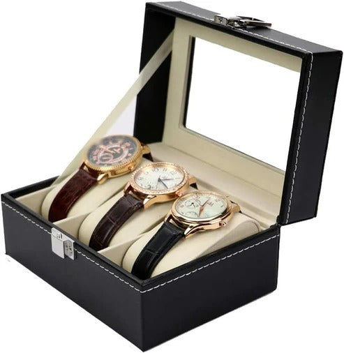 Luxury 3-Slot Black Leather Watch Storage Box with Transparent Display Lid
