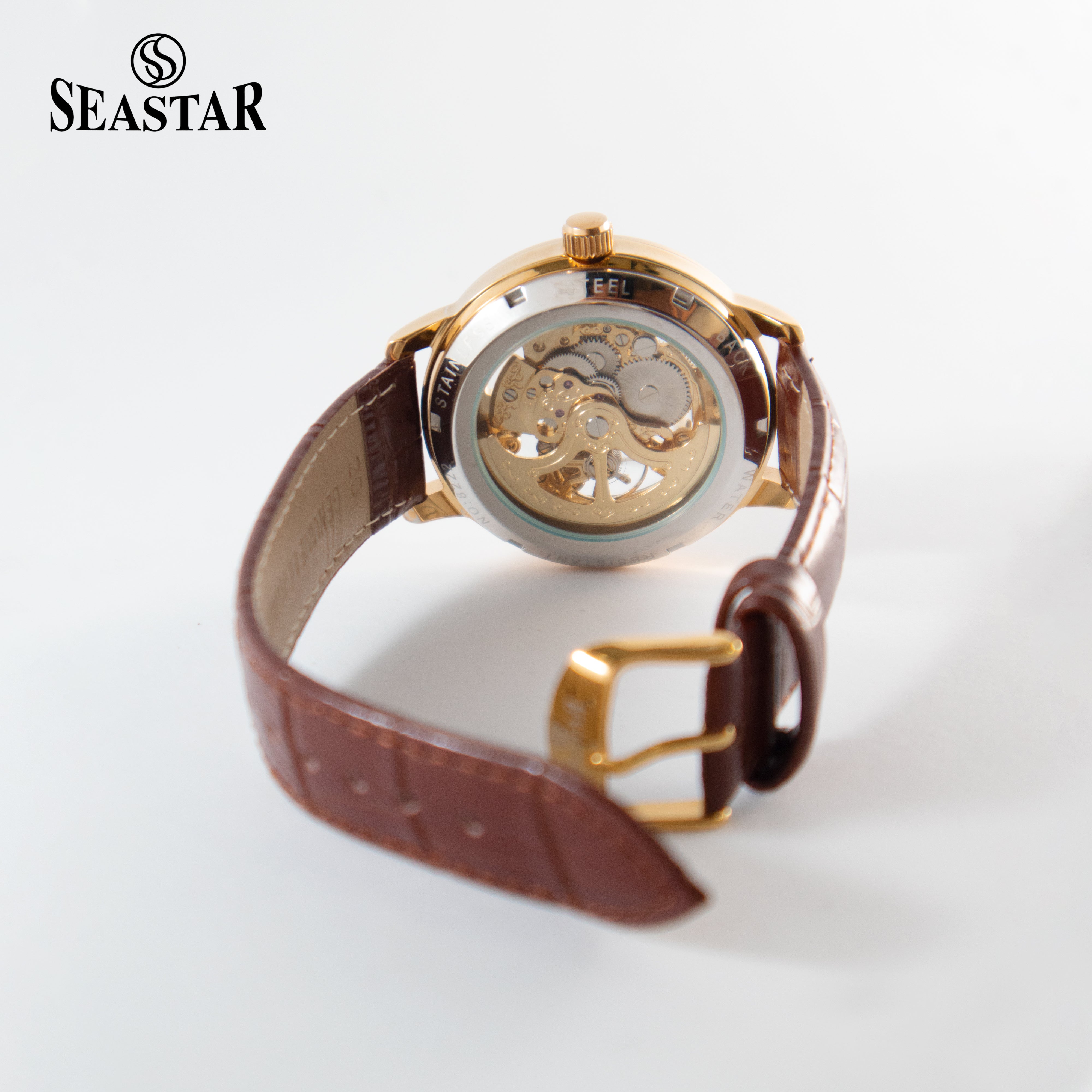 SEASTAR 8222 Automatic Skeleton Design  Leather Strap Men's Watch