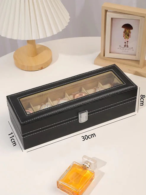 Premium 6-Slot Black Leather Watch Organizer with Transparent Lid