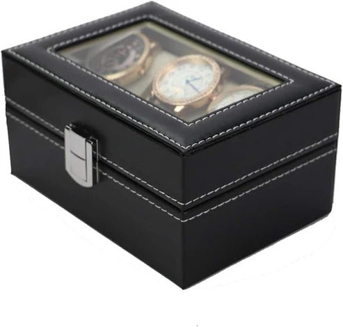 Luxury 3-Slot Black Leather Watch Storage Box with Transparent Display Lid