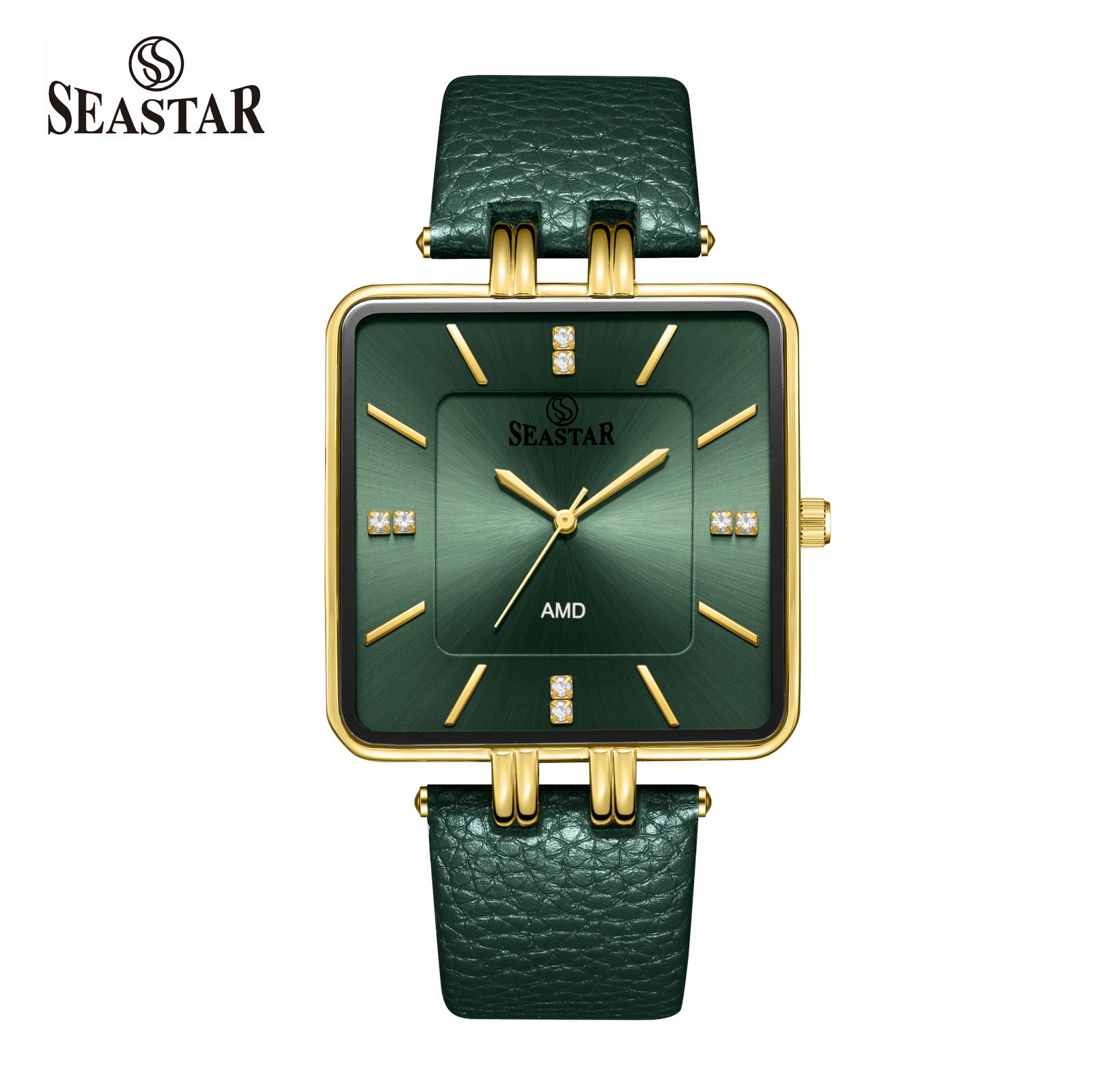 SEASTAR SS-2466M Gold Bezel Leather Strap Watch